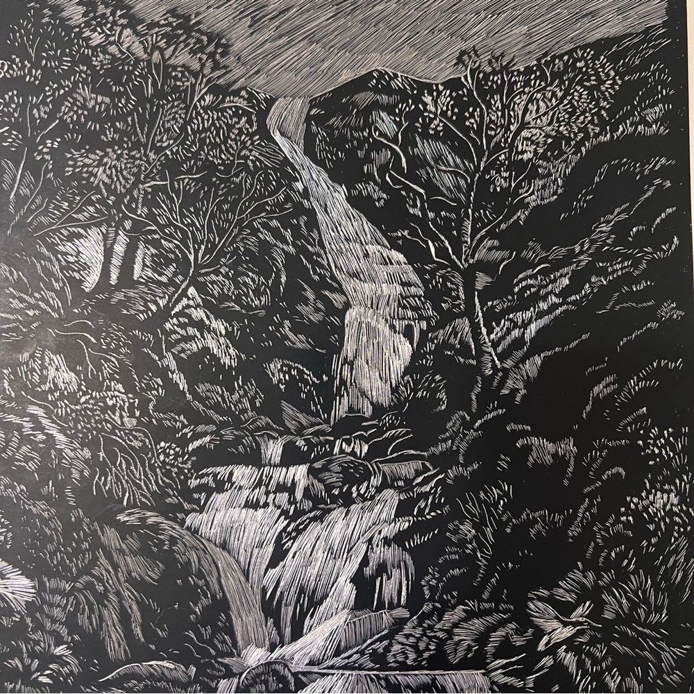 Vintage Landscape Waterfall Etching Framed 9x11 EUC Etched Art Picture - Picture 3 of 6